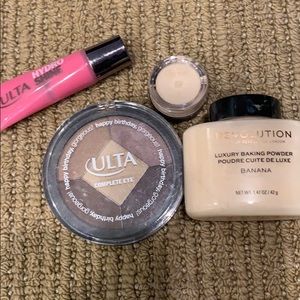 Foundation, powder, eyeshadow, and lip gloss